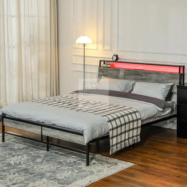 Henry Metal Grey Divan Bed with LED Headboard, Shelves, Sockets and USB Charging Station & Optional Drawers