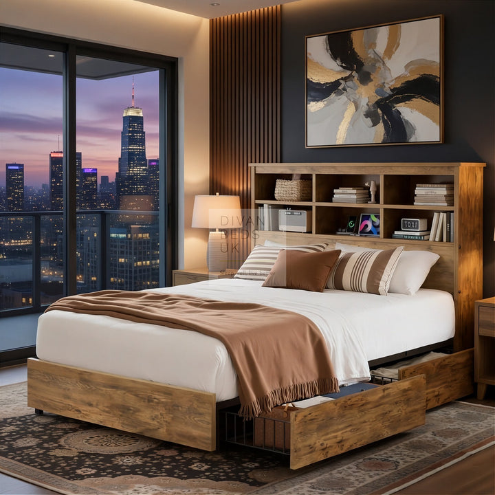 Aubriella Rustic Oak Style Wooden Smart Bed with 4 Drawers, Power Outlets and USB Ports & Shelves