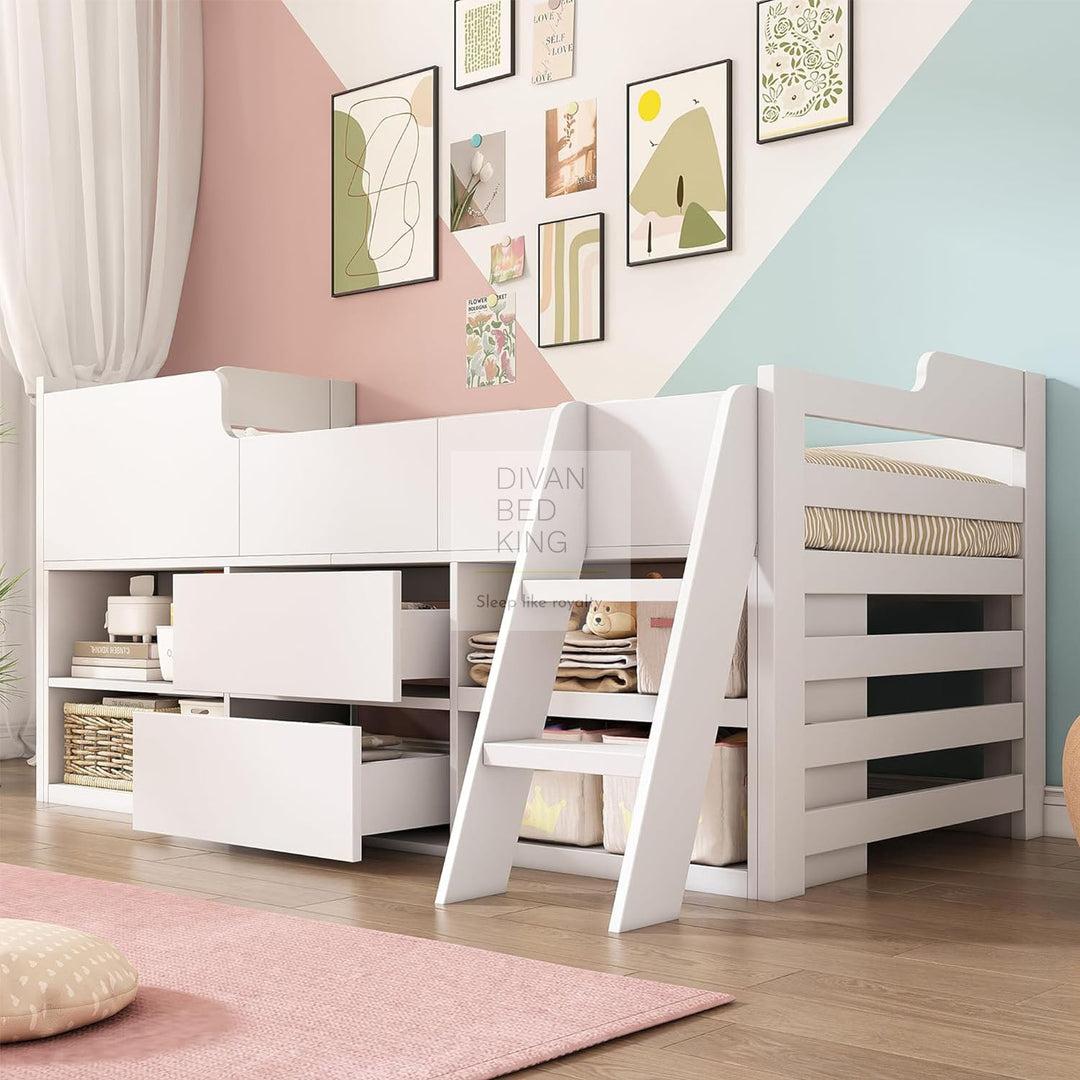 Zenda White Wooden Cabin Mid Sleeper Bed Storage with Drawers and Shelves