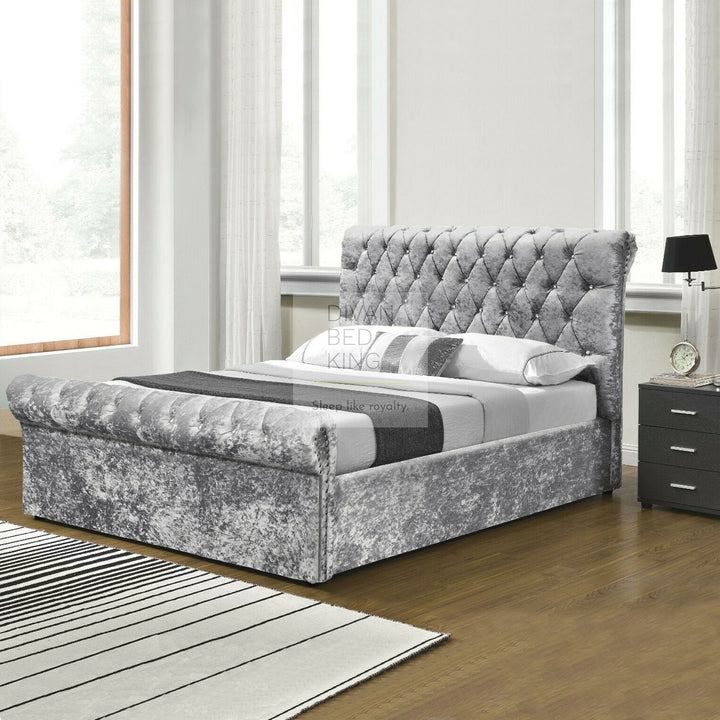 Avernus Crushed Velvet Ottoman Scroll Sleigh Bed Frame