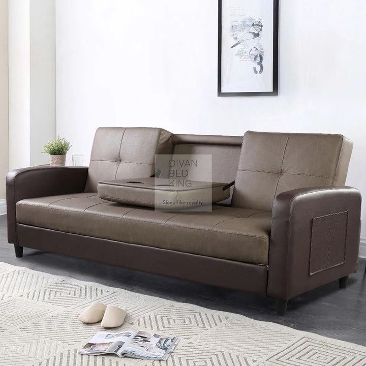 Salazar Ash Grey Brown Leather 3 Seater Sofa Bed with Cup Holders, Armrest and Side Storage Pockets