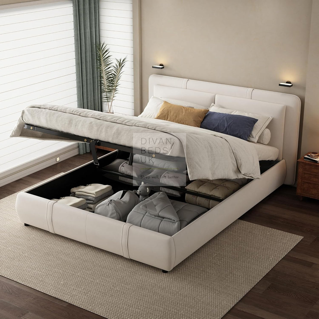 Oppia Nuova Beige Brushed Cotton Ottoman Storage Bed with Large Padded Removeable Headrests