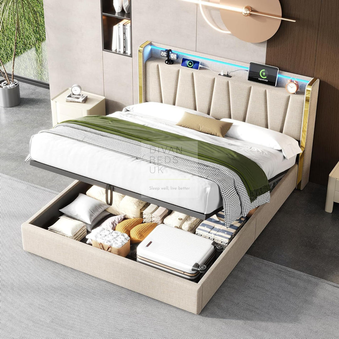Florence Beige Linen Smart Ottoman Bed with LED Gold Headboard Shelf, Type C and USB Charging Station