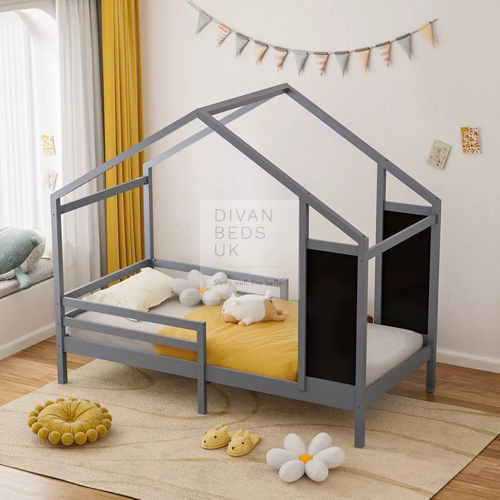 Pamina Grey Treehouse 3ft Single Bed Wooden with Blackboard & Canopy Kids Sleeper Pine House Low Childs