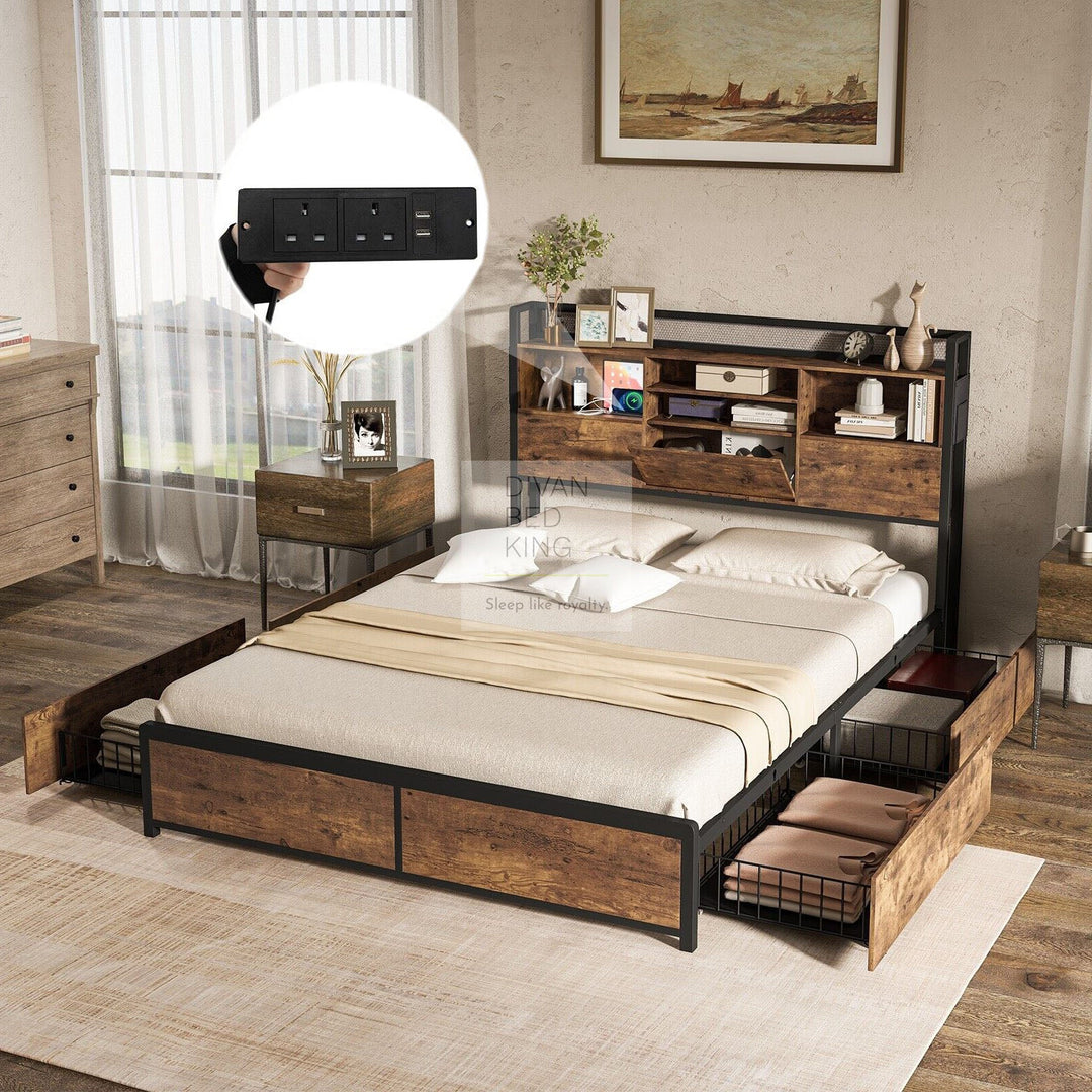 Henry Metal Divan Bed with 4 Drawers with Headboard, Shelves, Sockets and Charging Station