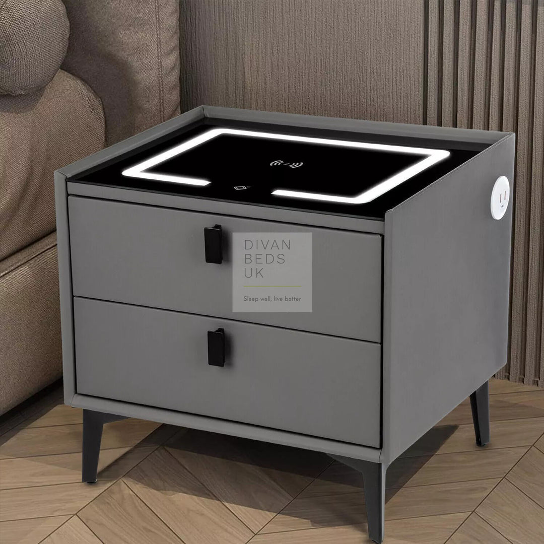 Elara Grey 2 Drawer Smart LED Bedside Table with USB, Type C and Wireless Charging