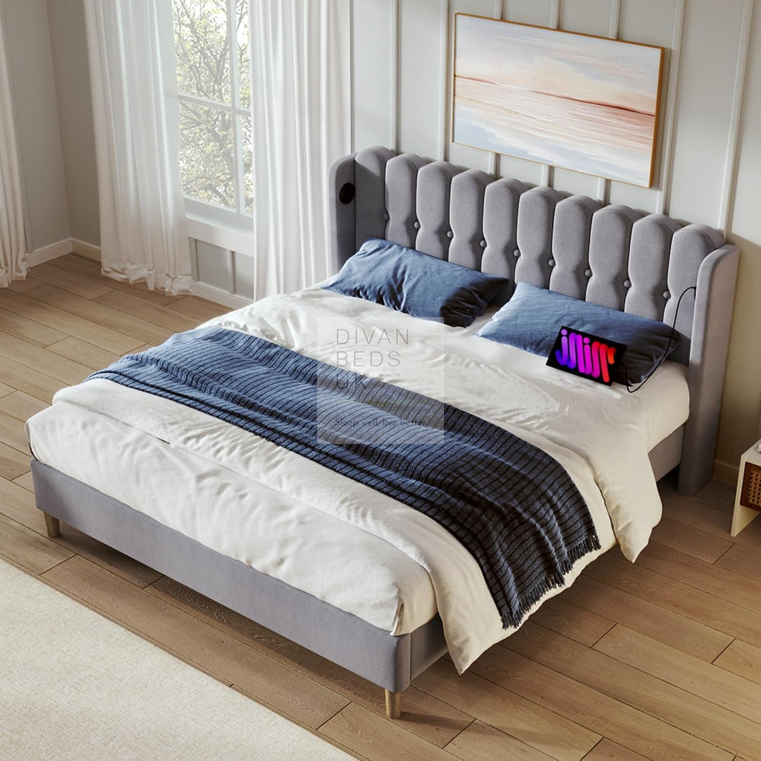 Calabria Wingback Grey Linen Smart Bed with USB & Type-C Charging Stations on Both Sides