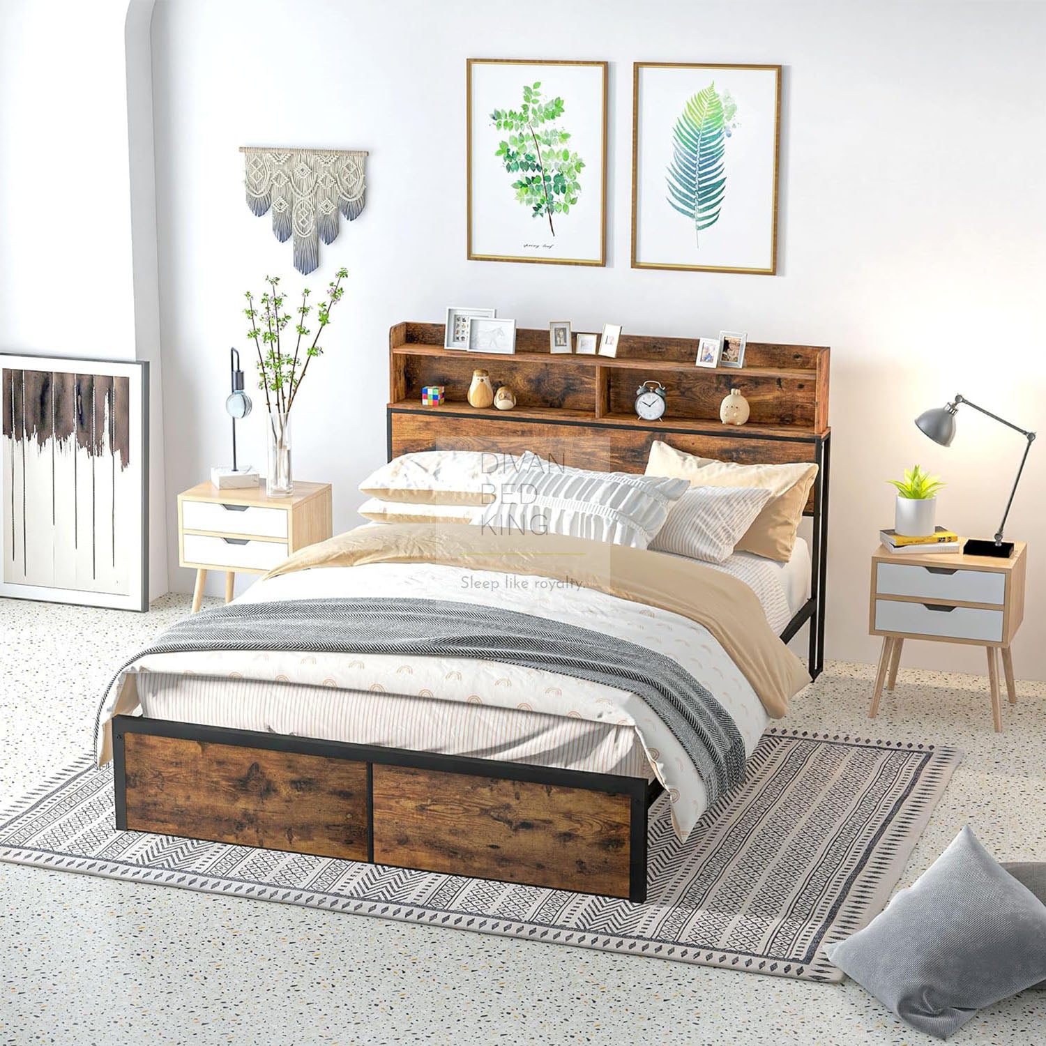 Metal Divan Henry Metal Divan Bed with Headboard Storage, Shelves & Optional Drawe ...