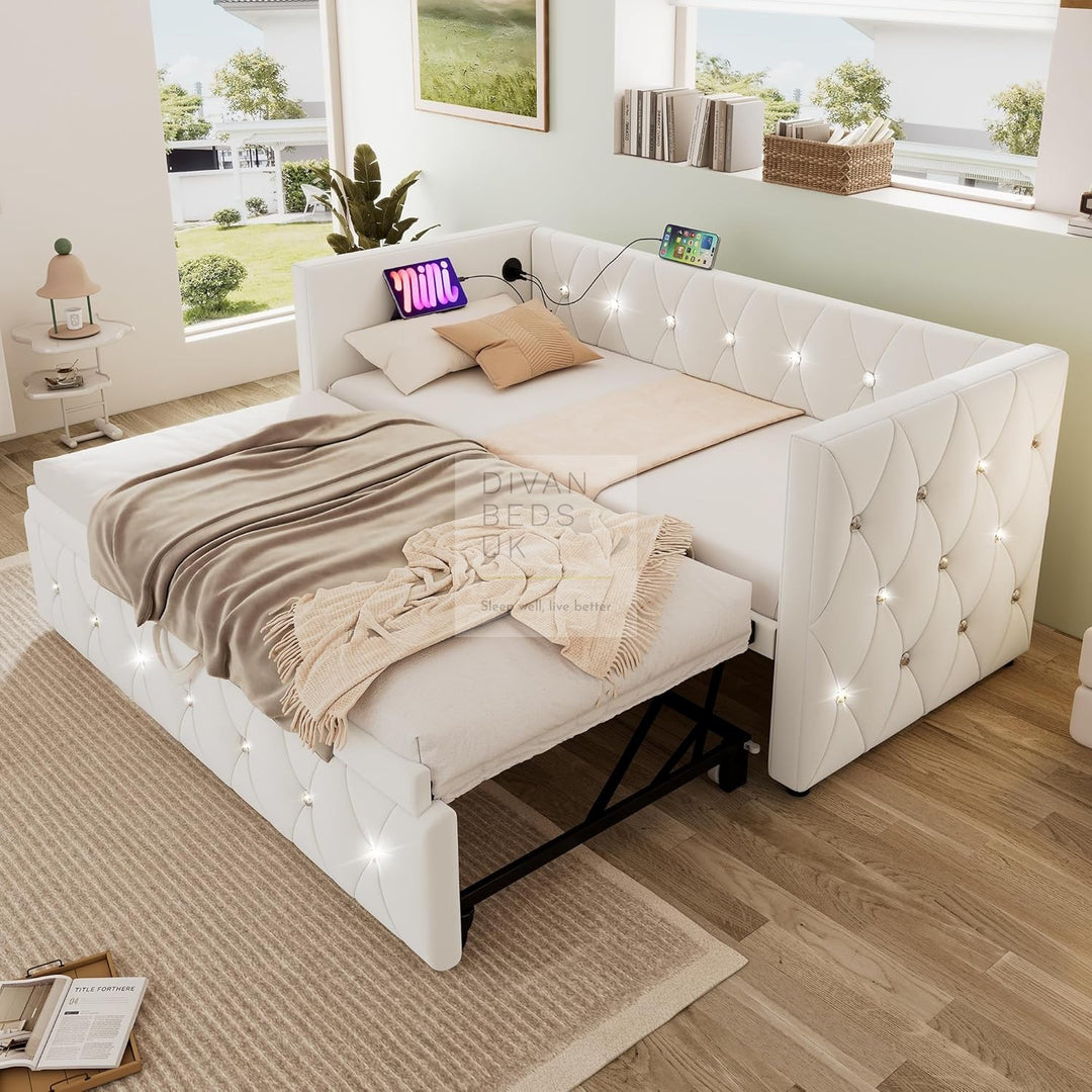 Taranto Beige Velvet Diamante Crystal Smart Daybed Sofa Bed Couch with Trundle, Charging Station, USB & Type C Ports
