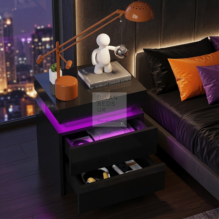 Schneider 2 Drawer Black High Gloss Smart LED Bedside Table