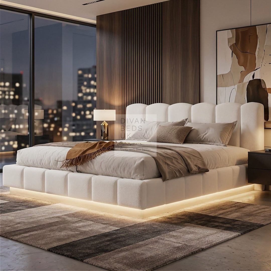 Paloma Oversized Headboard White Boucle Teddy Ottoman Storage Bed with LED Lights