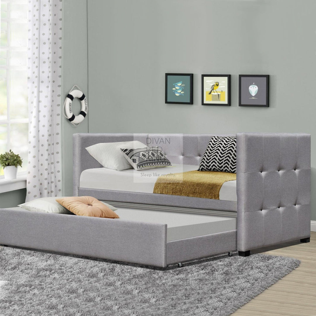 Tacitus 2 Seater Cube Design Grey Linen Daybed Sofa Bed Trundle Guest Bed