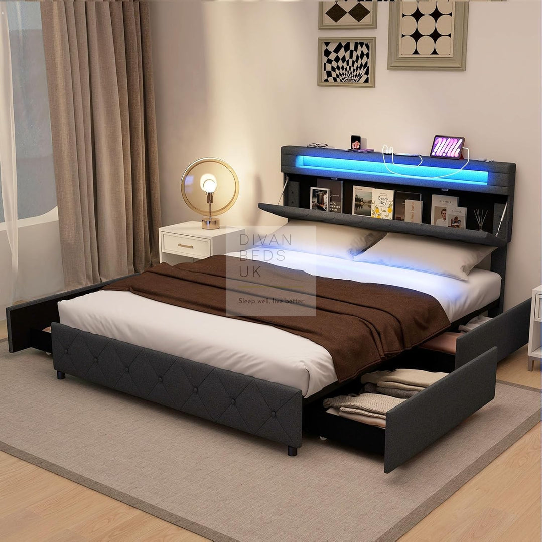 Cynthia 4 Drawer Charcoal Linen Smart Bed with Storage Headboard, LED Lights & USB Charging