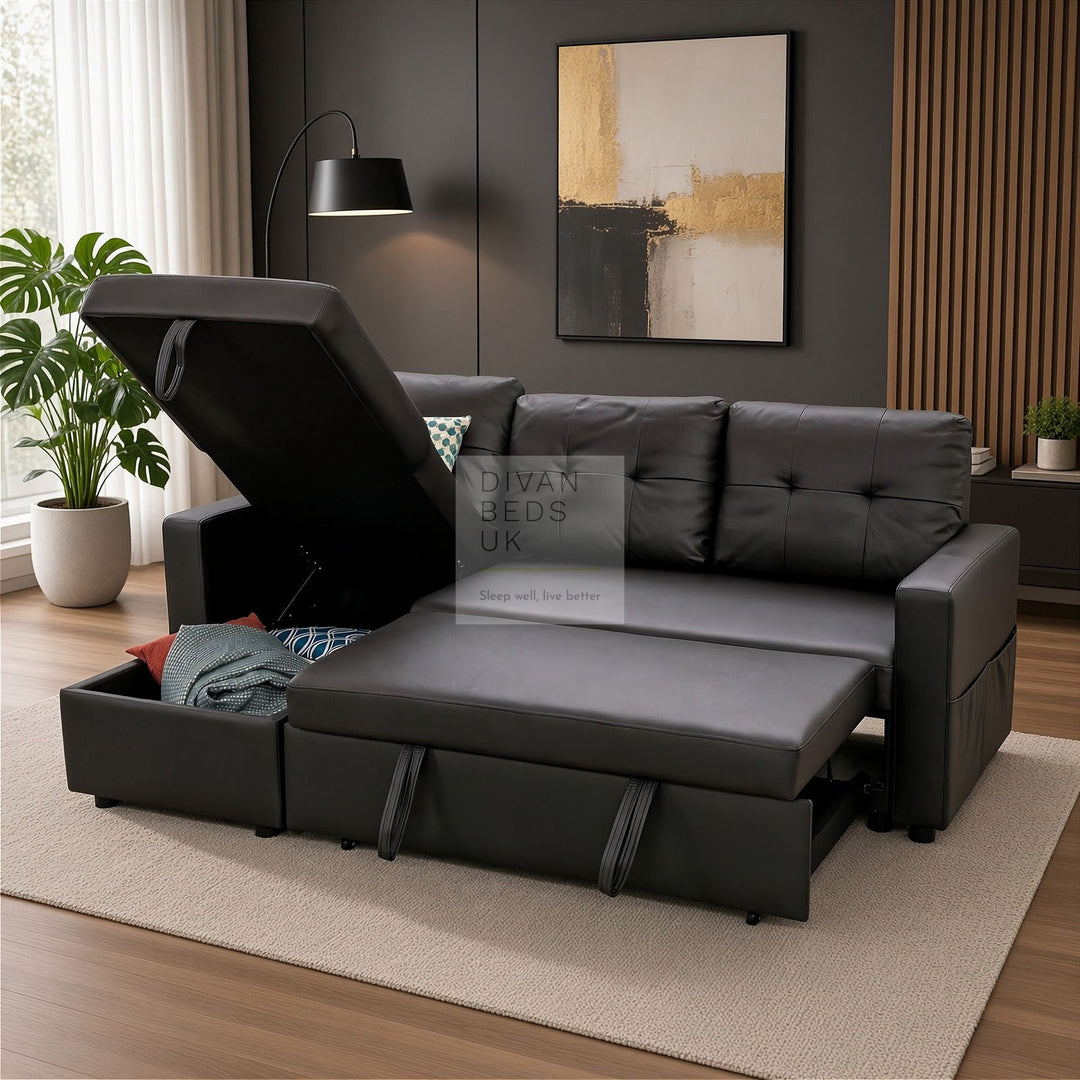 Sarai Black Leather 4 Seater Ottoman Storage Corner L Shape Sofa Bed with Pull-Out Trundle
