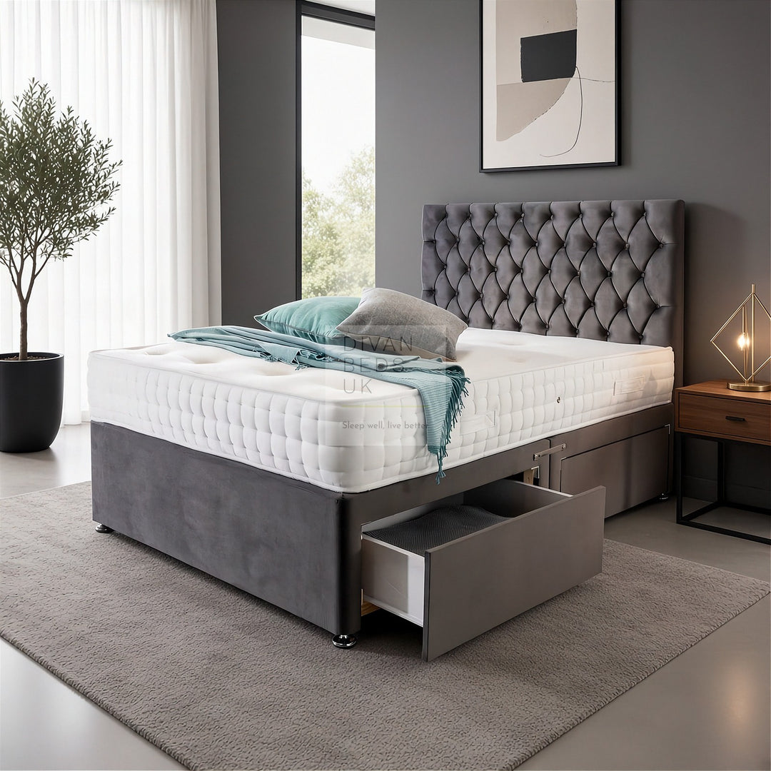 Artemis Matt Plush Velvet Divan Set with Spring Memory Foam Mattress
