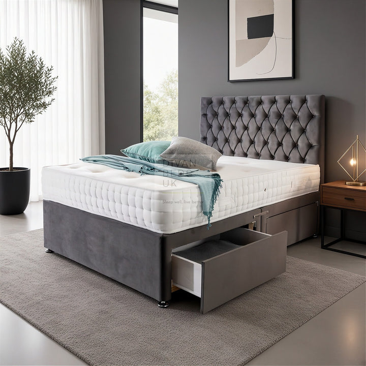 Artemis Matt Plush Velvet Divan Set with Spring Memory Foam Mattress