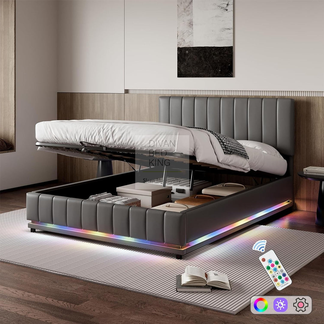 Giuliana Grey Leather LED Ottoman Storage Bed Frame