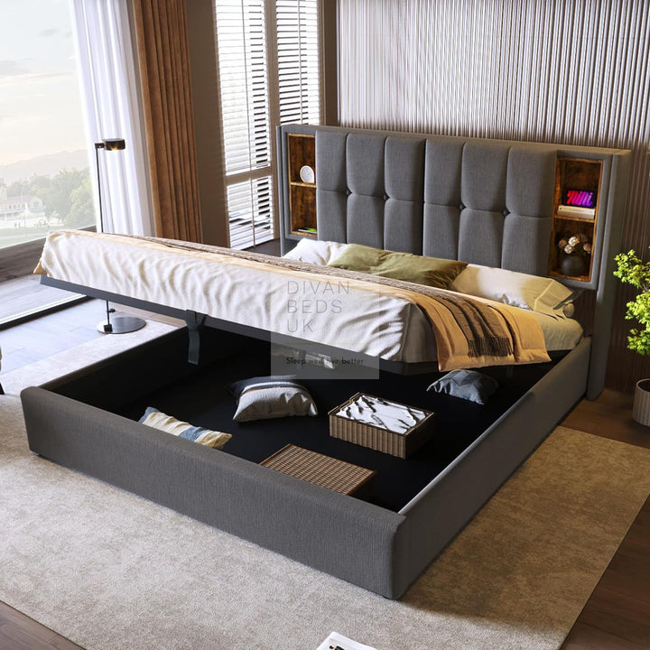 Guevara Grey Linen Ottoman Storage Bed with Type C, USB & Wireless Charging Headboard Shelves