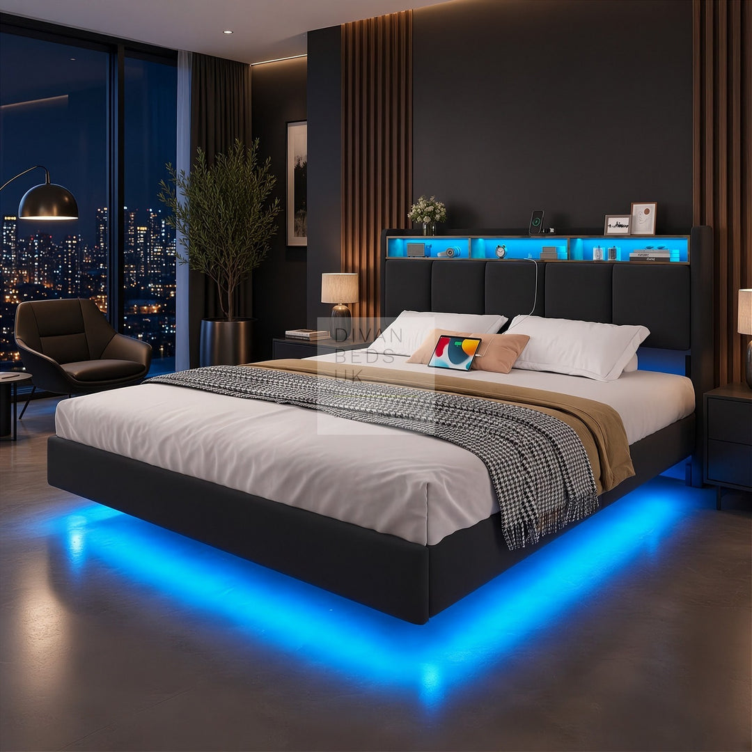 Houston Smart Metal Floating Bed with Grey Linen Padded Storage Headboard, LED Lights, Plug Sockets, USB &amp; Type C Charging Station