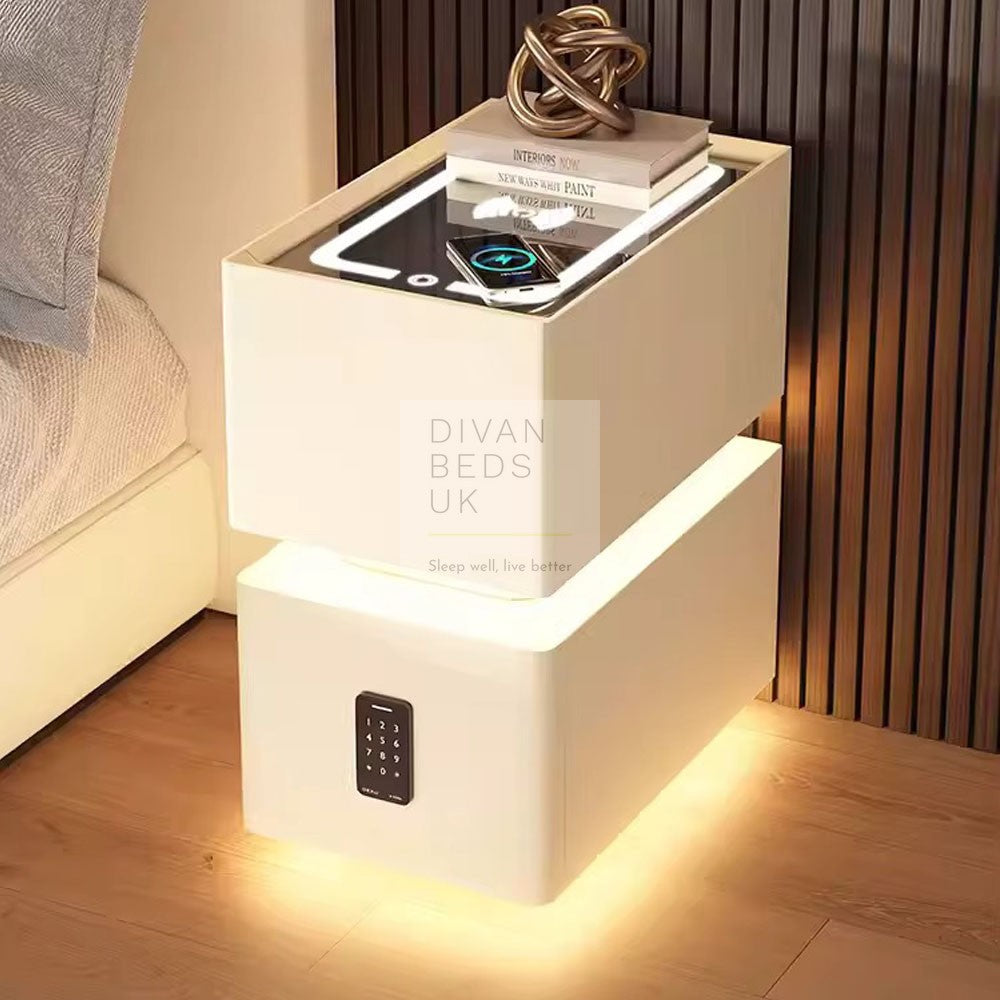 Lozano Biege 2 Drawer Smart Bedside Table with Wireless Charging, LED and Password Protected Storage (Pre-Assembled)