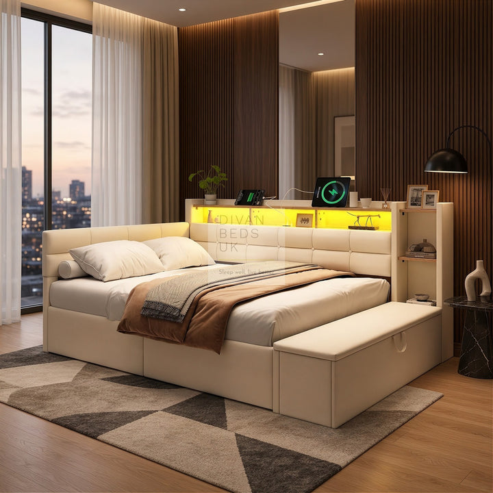Avayah Beige Linen Smart Daybed Sofa Bed with 2 Drawers, LED Shelves Storage, USB &amp; Type C Charging Station &amp; Storage Box