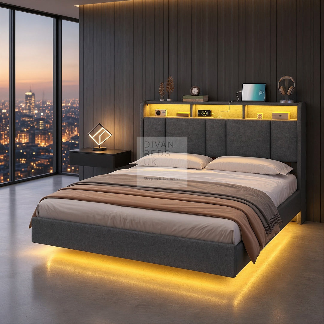 Everleigh Grey Linen Floating Bed Frame with Padded Storage Wing Headboard, LED Lights, USB &amp; Type-C Charging Station