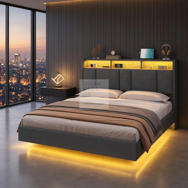 Everleigh Grey Linen Floating Bed Frame with Padded Storage Wing Headboard, LED Lights, USB &amp; Type-C Charging Station