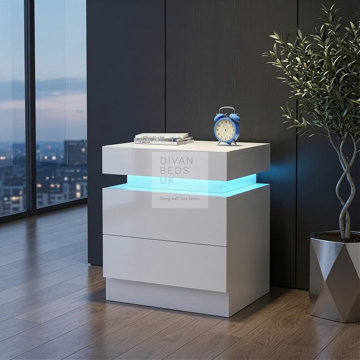 Schneider 2 Drawer White High Gloss Smart LED Bedside Table