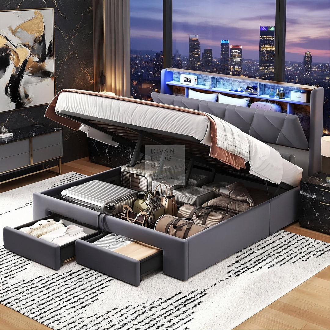 Velasquez Grey Plush Velvet Ottoman Storage Smart Bed with Type C, USB & Socket Charging Headboard Storage Shelves