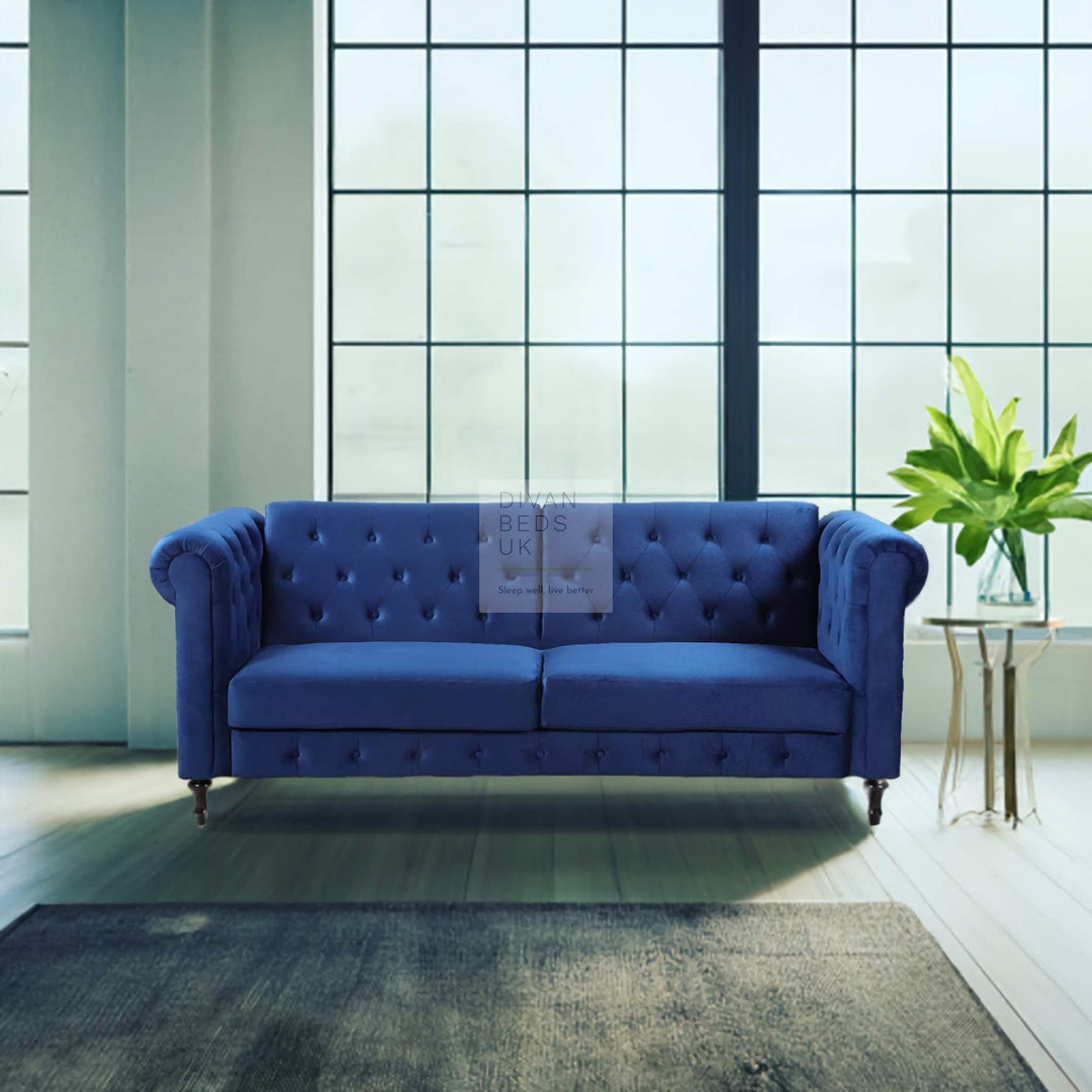 Federico Blue Velvet Convertible 3 Seater Sofa Bed Couch