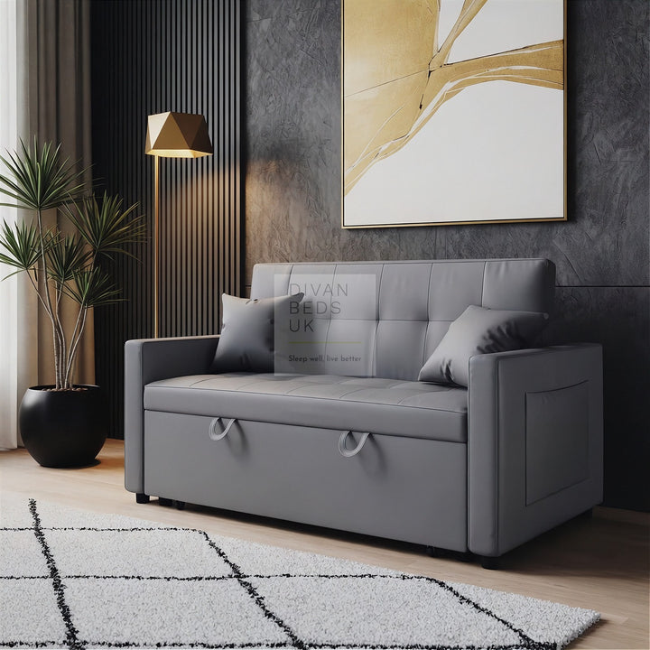 Santana Light Grey Leather Daybed Sofa Bed Couch with Sidepockets & 2 Matching Pillows