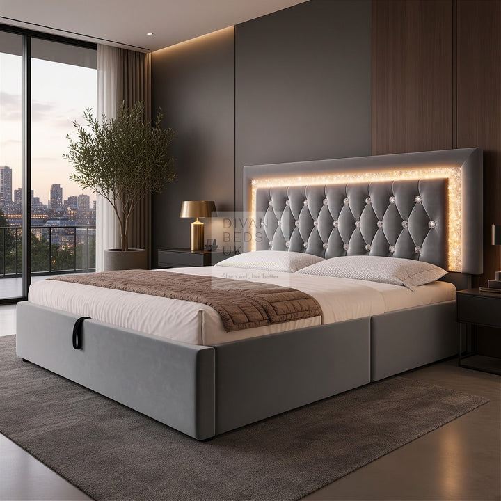 Adela Grey Velvet Diamante Crystal Bed Ottoman Storage Smart Bed with Glitter LED Lights, USB and Type-C Charging