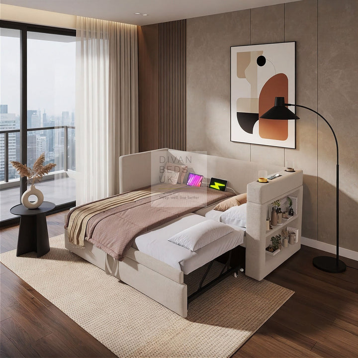 Laylani Beige Linen Smart Daybed Sofa Bed with Shelves Storage, USB & Type C Charging Station & Trundle