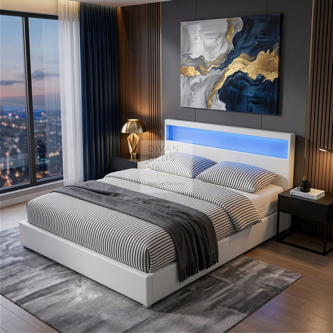 Zena LED White Leather Ottoman Gas Lift Storage Smart Bed