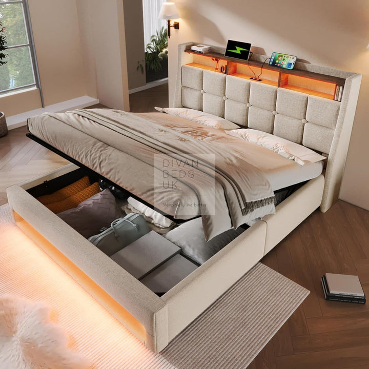 Solana Beige Linen Ottoman Storage Smart Bed with Type C, USB & Wireless Charging Headboard Shelves
