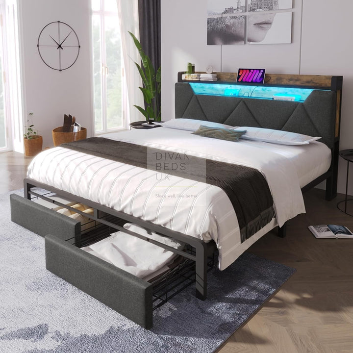 Cagliari Charcoal Grey Linen 2 Drawer Storage Bed with LED Lights, Type C and USB Charging Headboard Storage Shelf