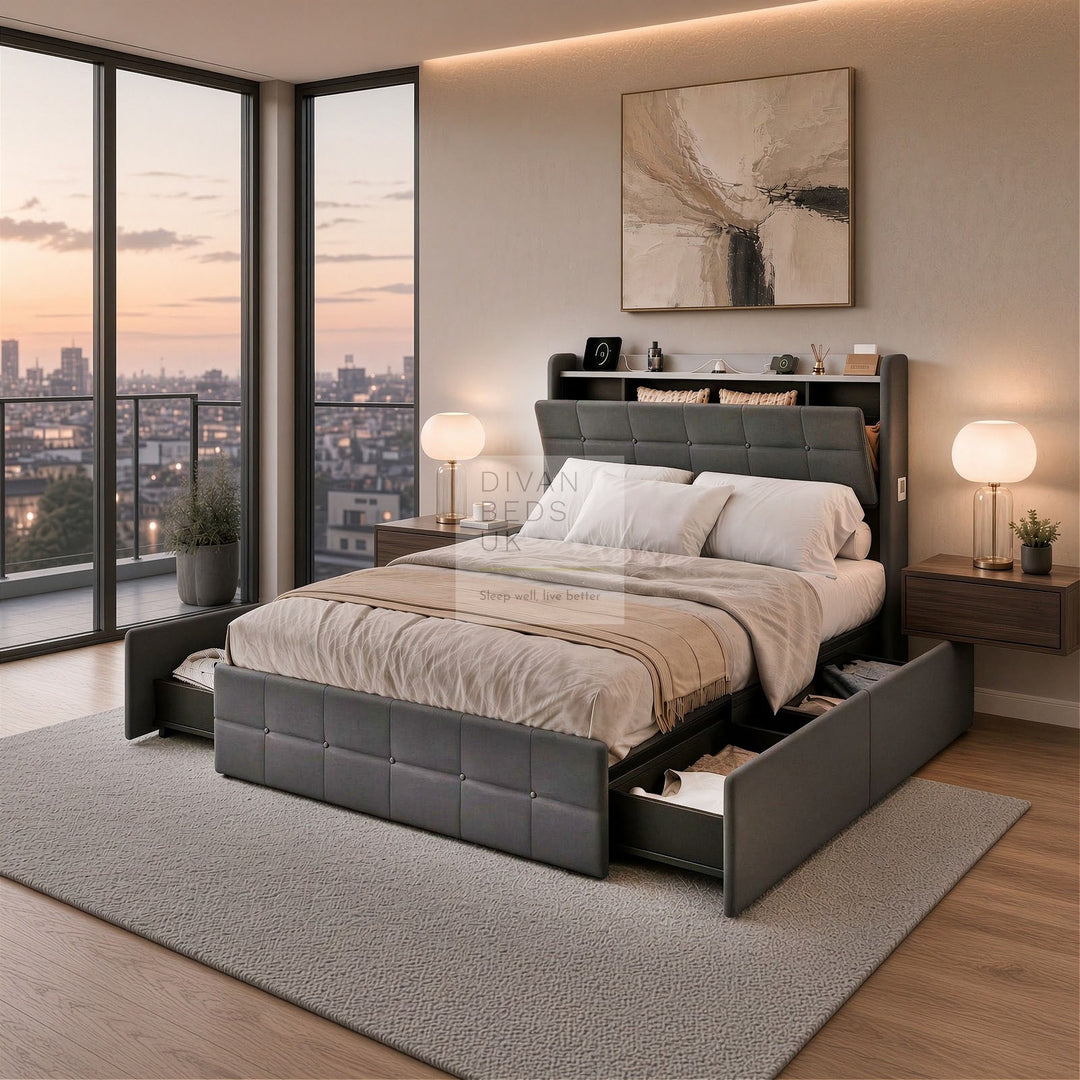 Vicente 4 Drawer Soft Grey Velvet Smart Bed with LED Lights, Type C and USB Charging Adjustable Headboard Shelf