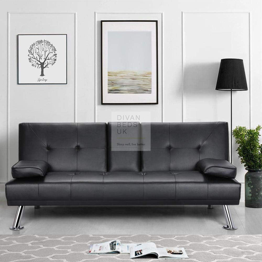 Francesca Black Leather Sofa Bed with Pillows and Cupholders