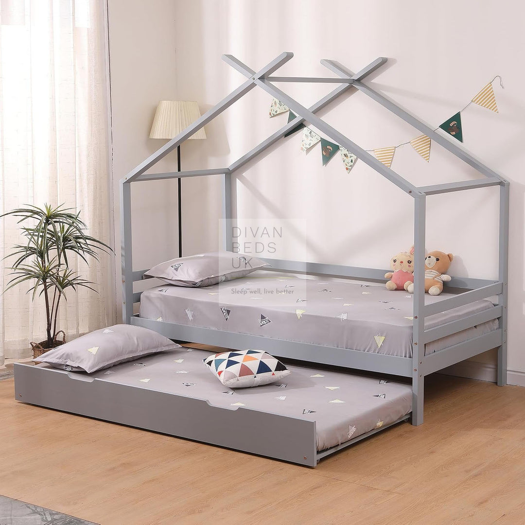 Cabrera Grey Wooden Treehouse Canopy Bed with Trundle Option Childs Kids