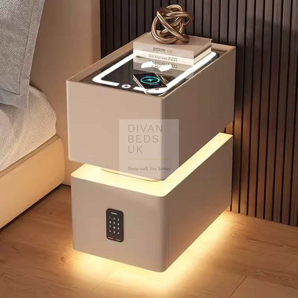 Lozano Khaki 2 Drawer Smart Bedside Table with Wireless Charging, LED and Password Protected Storage (Pre-Assembled)