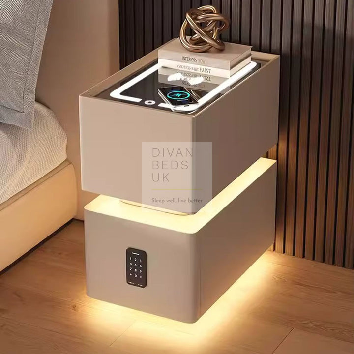Lozano Khaki 2 Drawer Smart Bedside Table with Wireless Charging, LED and Password Protected Storage (Pre-Assembled)