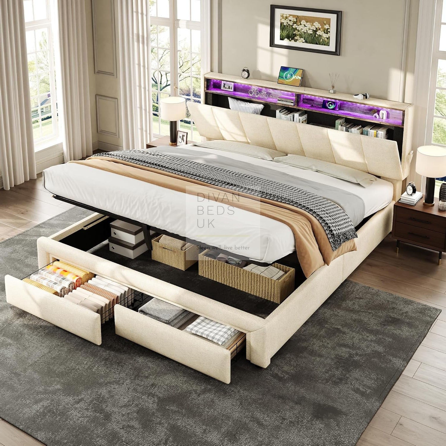 Aarya Beige Linen 2 Drawer Ottoman Storage Bed With LED Lights Type C aarya-beige-linen-2-drawer-ottoman-storage-bed-with-led-lights-type-c