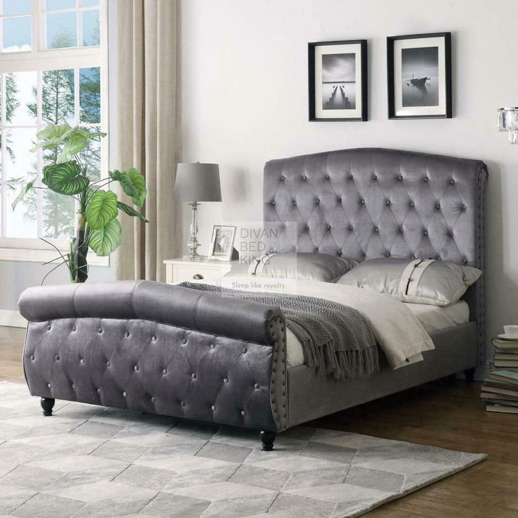 Gabrielle Grey Pewter Velvet Velour Bed Frame