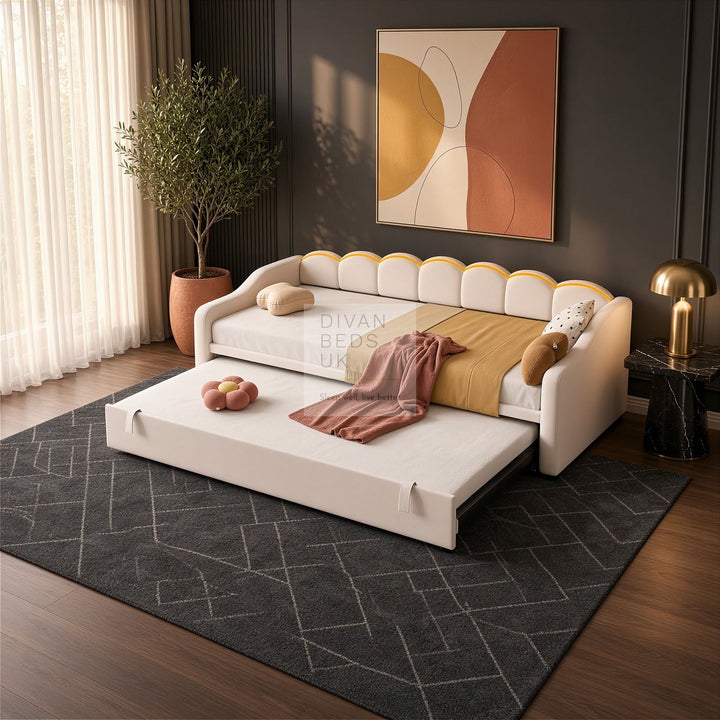 Elina Beige Plush Velvet Trundle Guest Sofa Bed with LED Lighting