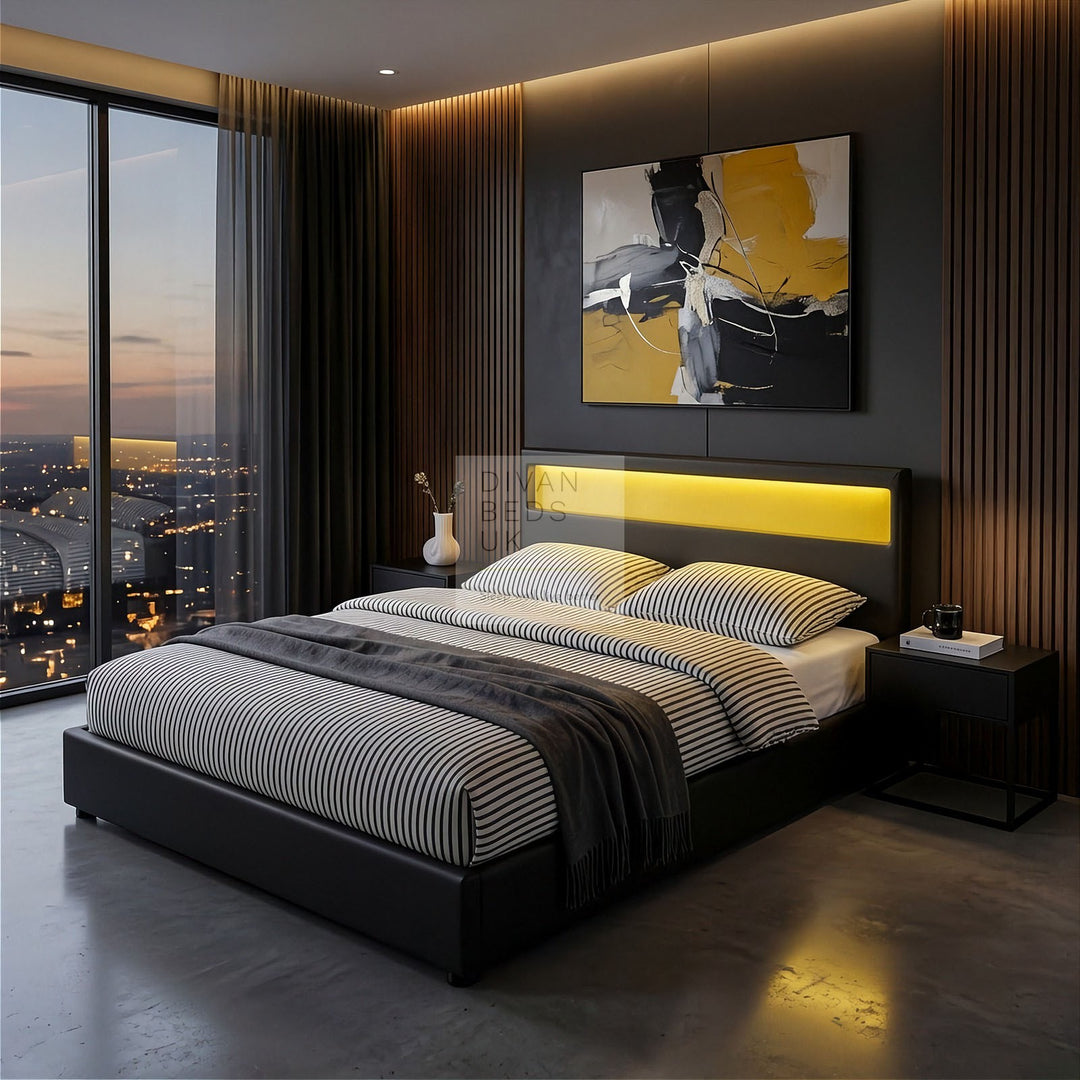 Zena LED Black Leather Ottoman Gas Lift Storage Smart Bed