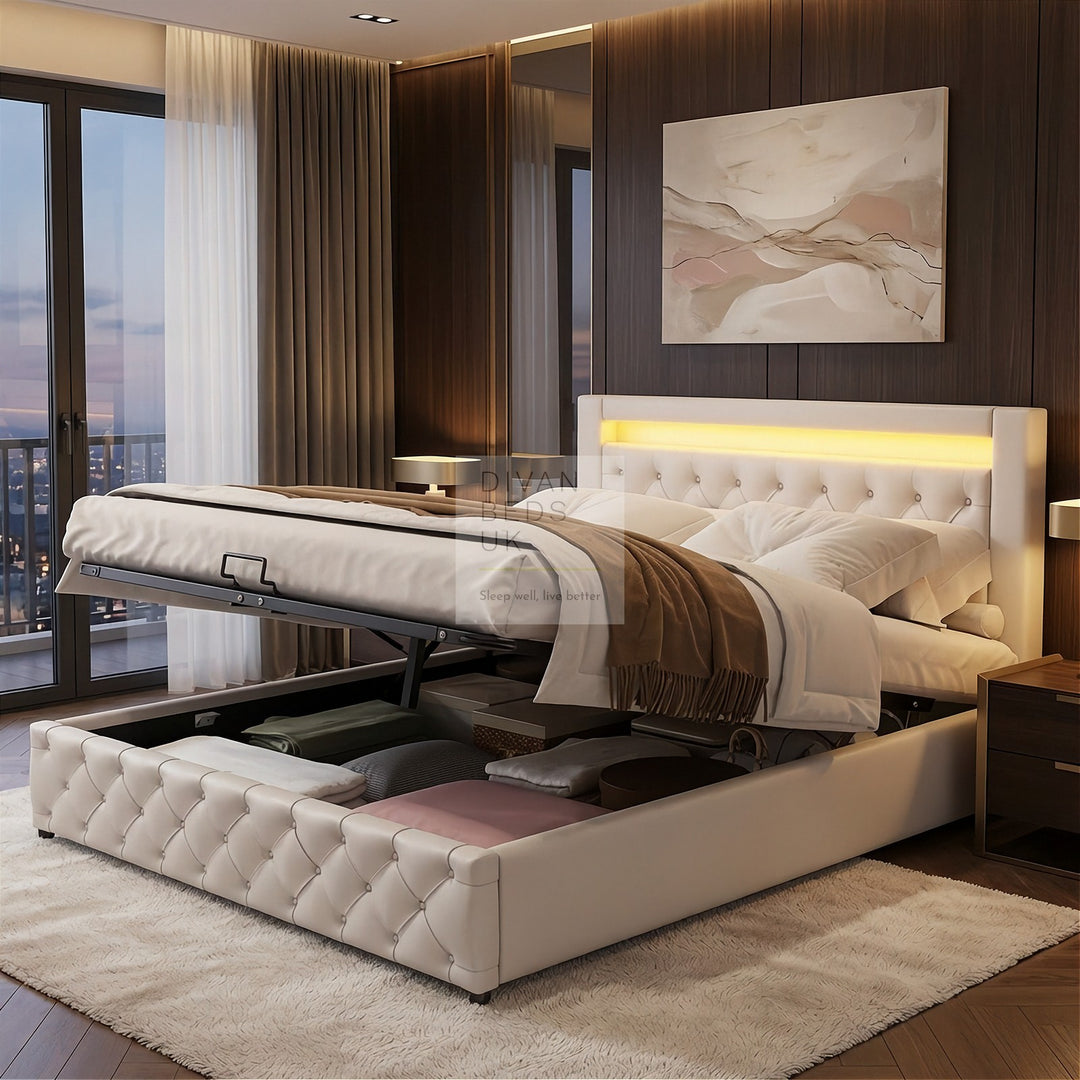 Santiago LED White Leather Ottoman Storage Bed