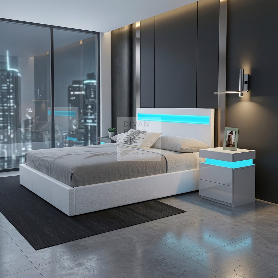Pia White Leather LED Ottoman Gas Lift Storage Bed