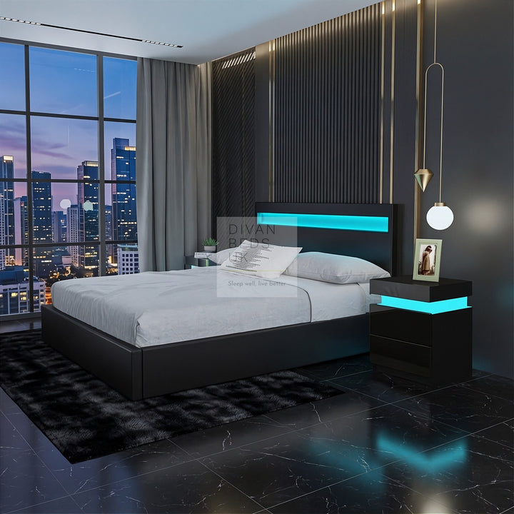 Pia Black Leather LED Ottoman Gas Lift Storage Bed