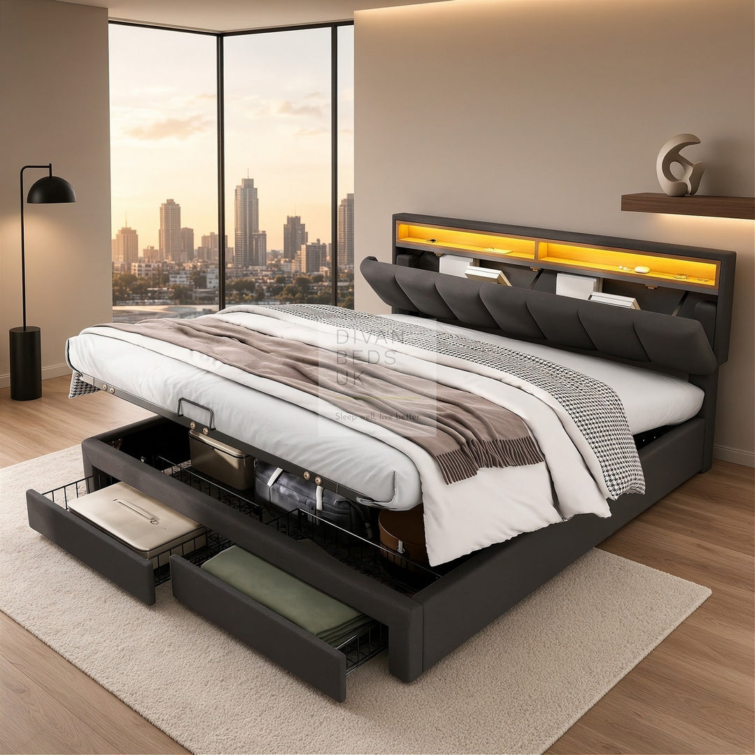 Aarya Charcoal Grey Linen 2 in 1 Drawer Ottoman Storage Bed with LED Lights &amp; Headboard Shelf