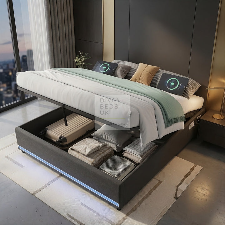 Castanea Smart LED Grey Linen Ottoman Gas Lift Storage Bed Base with USB Type C Charging Ports